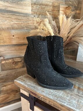 Black Embellished Western Ankle Boots - Women's